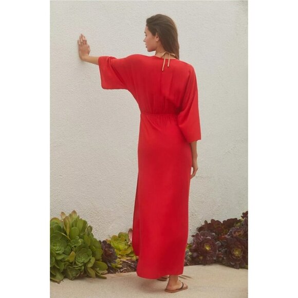 By Anthropologie Tie-Front Cover-Up Dress V Neck Red Long Slit Midi XXS - Picture 5 of 11